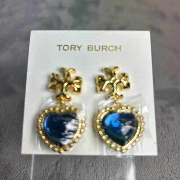 Tory Burch Roxanne Earrings Gold Logo & Classic Sapphire Blue Hearts wrapped - Picture 1 of 5